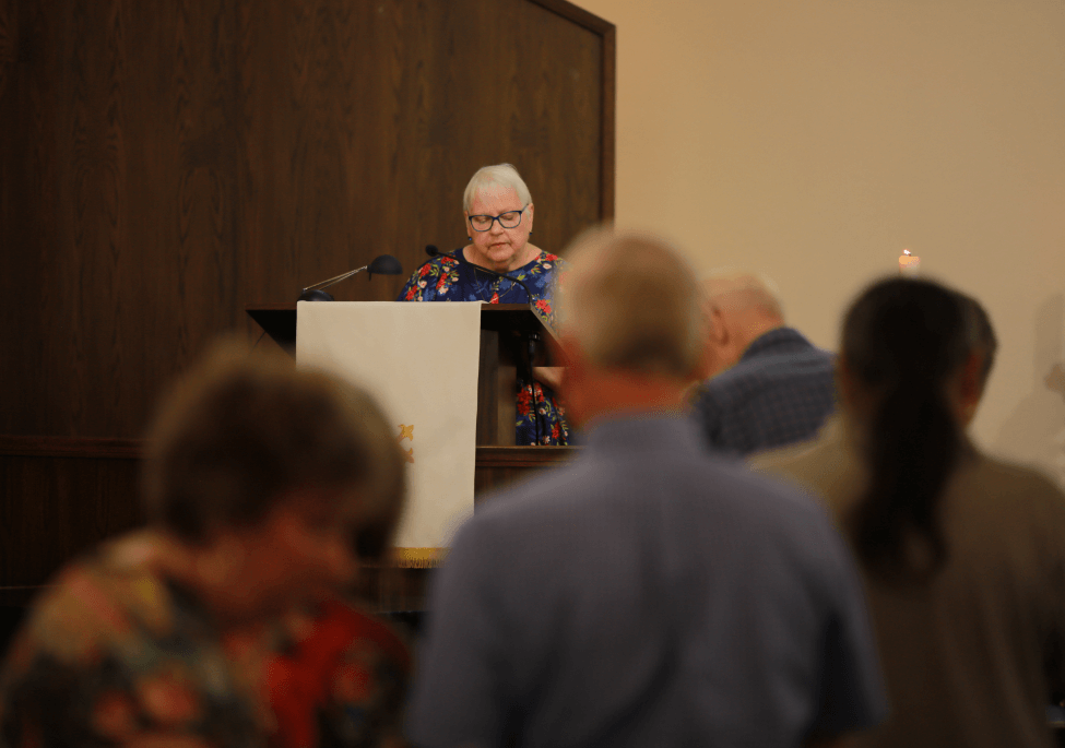 Inside the First Presbyterian Church during Sunday service in Cuero, Texas