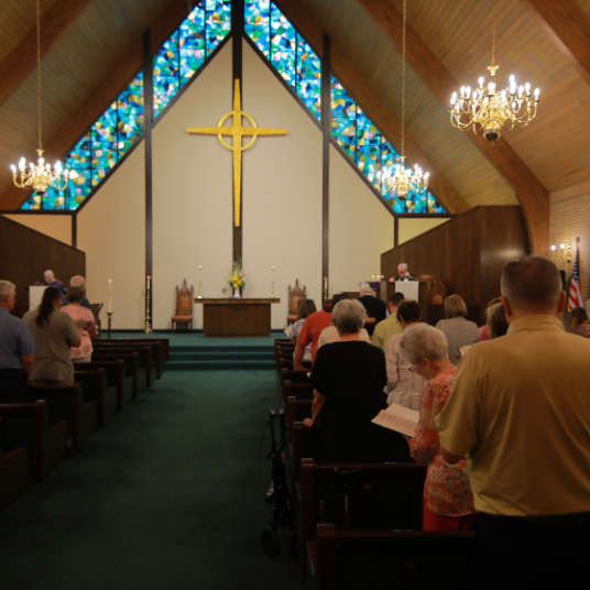 Inside the chapel during Sunday service at the First Presbyterian Church in Cuero, Texas