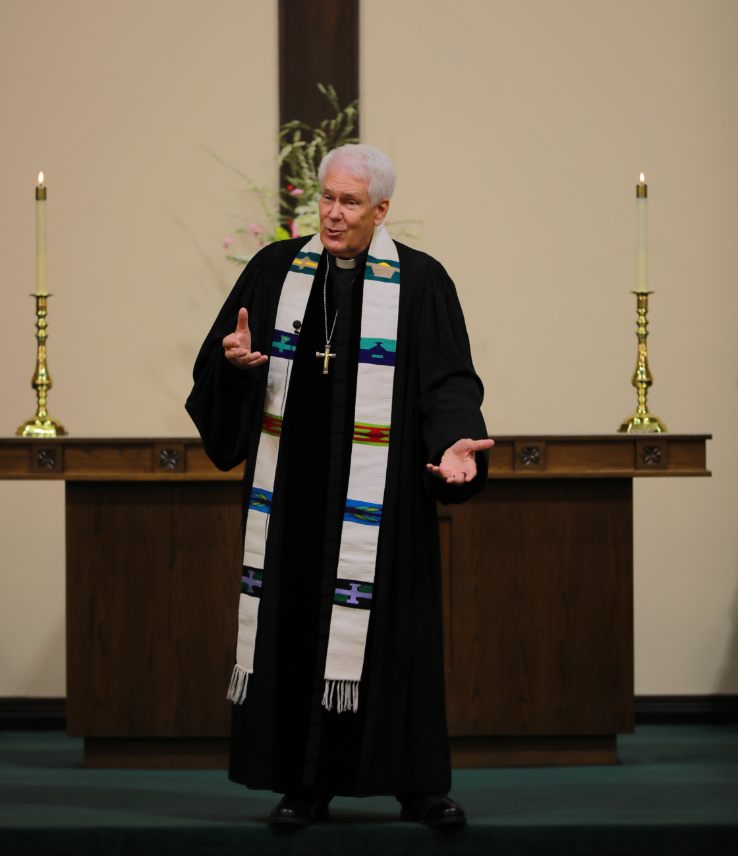 Pastor Stan giving a sermon during Sunday service at First Presbyterian Church in Cuero, Texas