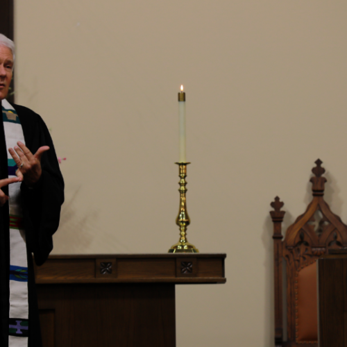 Pastor Stan giving a sermon at the First Presbyterian Church in Cuero, Texas